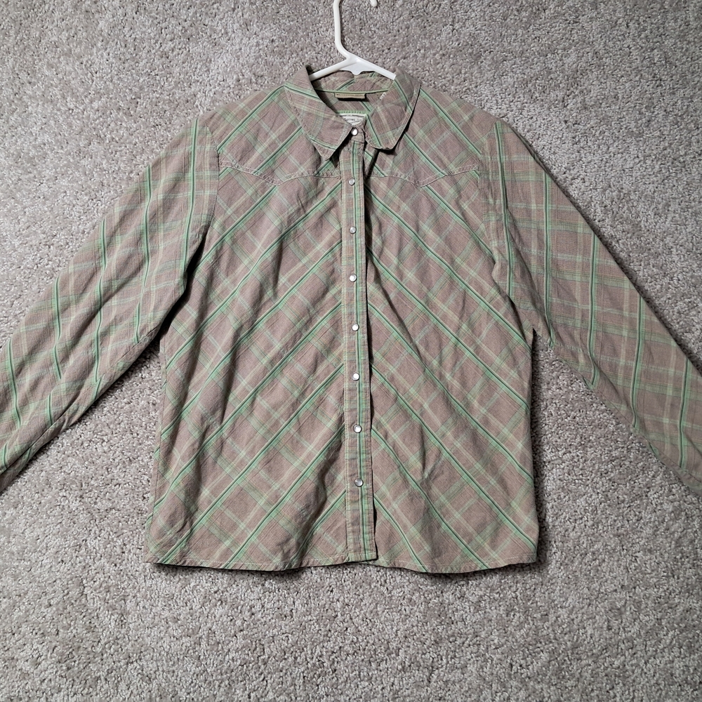 Ruff Hewn Womens Medium Pearl Snap Shirt Brown and Green Checkered